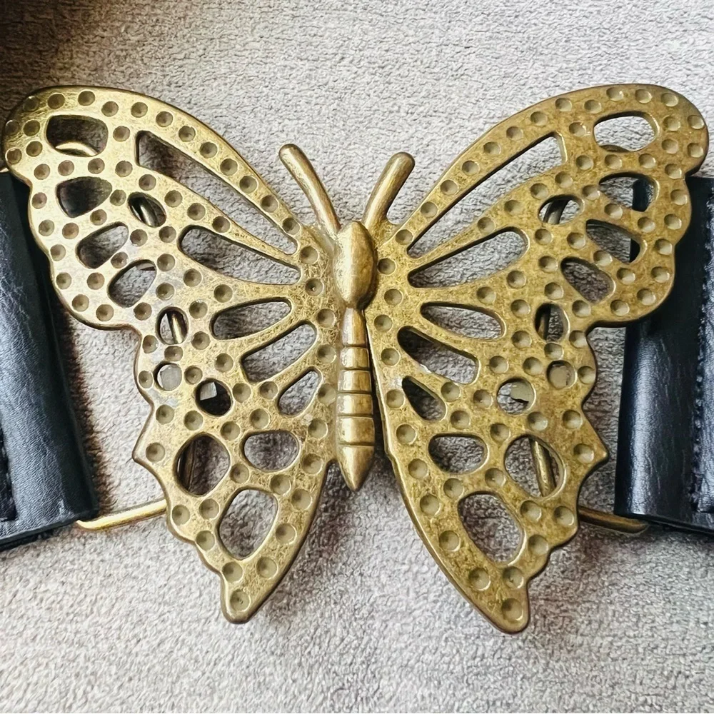 Vintage Black Stretch Belt with Brass Butterfly Buckle – Size L